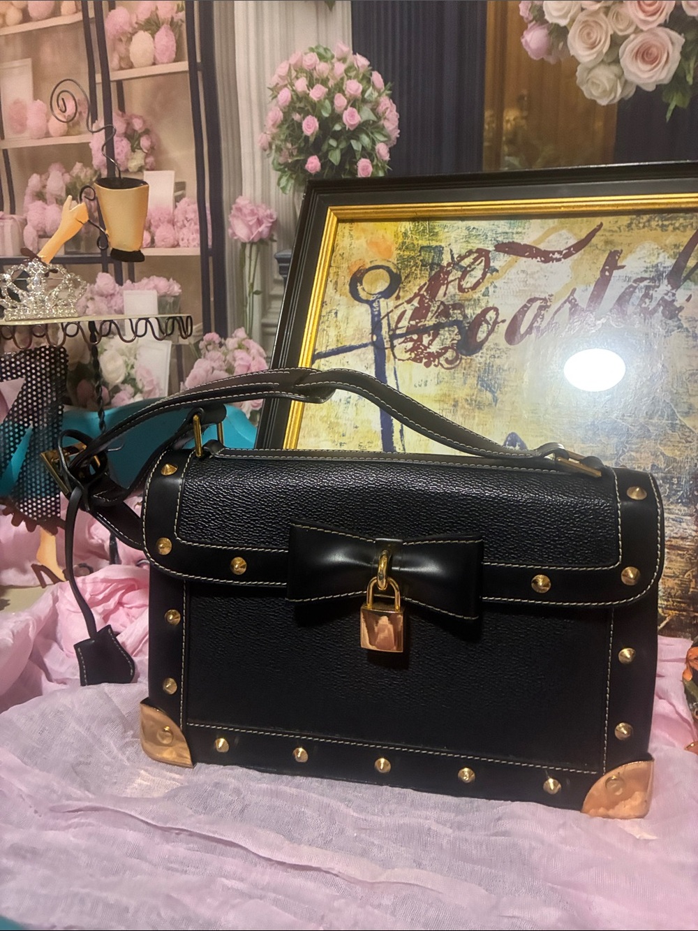 Black Bow-Accent Studded Satchel Handbag